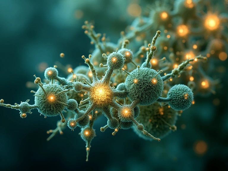 Abstract representation of scientific research and natural health, showing molecular structures intertwined with botanical elements.
