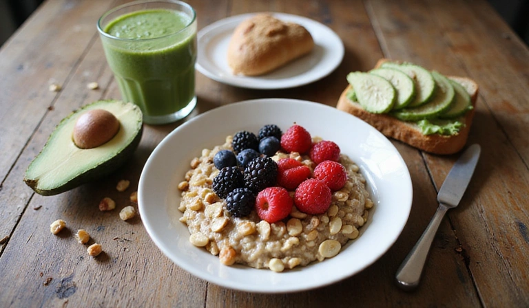 Healthy breakfast spread with fresh fruits and nuts
