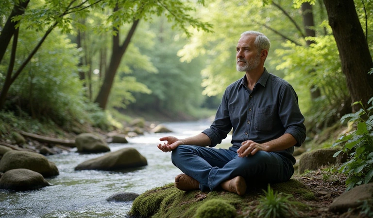 Man meditating in a peaceful natural setting