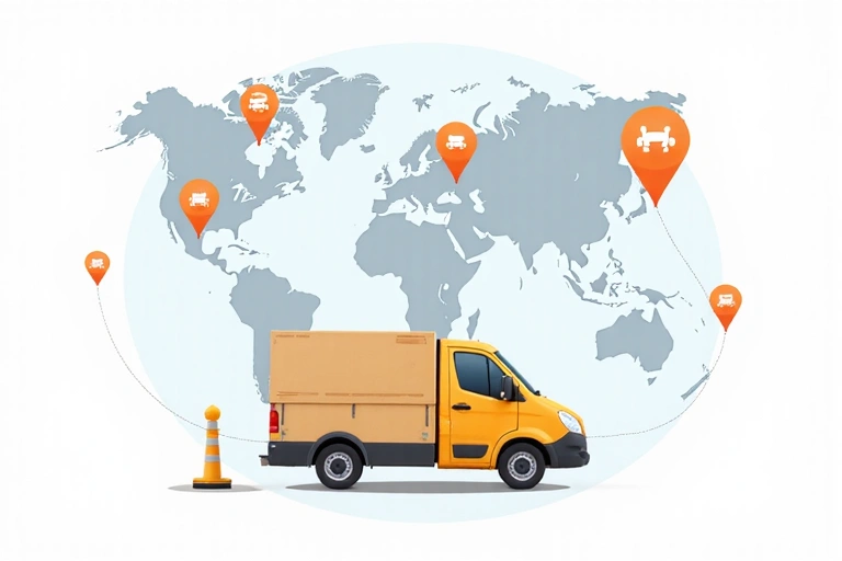 A stylized illustration of a package being delivered, with a map and tracking icons in the background, conveying efficiency and global reach.