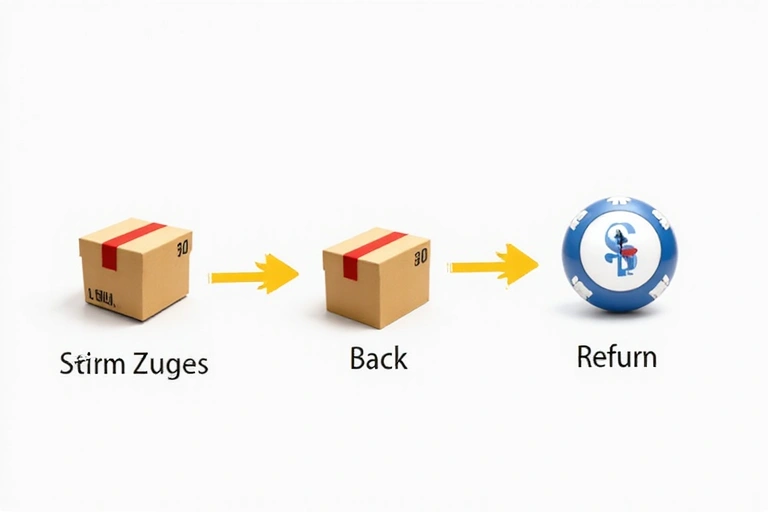 A graphic depicting a return process, with arrows showing a package being sent back and a refund symbol, emphasizing ease and customer satisfaction.