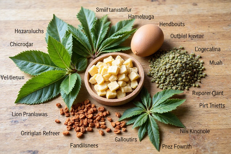A detailed illustration of various natural botanical ingredients and their scientific names, arranged aesthetically on a wooden table, with a clear focus on herbal remedies.