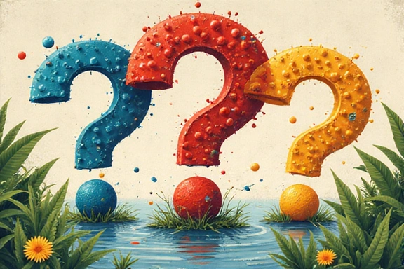 A vibrant, abstract illustration of question marks intertwining with natural elements like leaves and water droplets, symbolizing answers found in nature. No text on image.