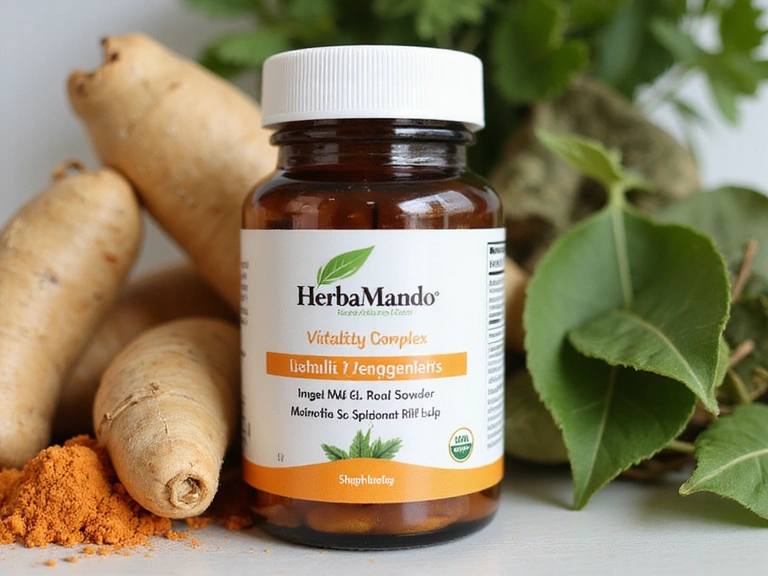 Close-up of HerbaManIndo Vitality Complex bottle with natural ingredients in the background