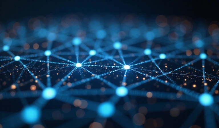 Abstract network of connected dots representing data flow and privacy
