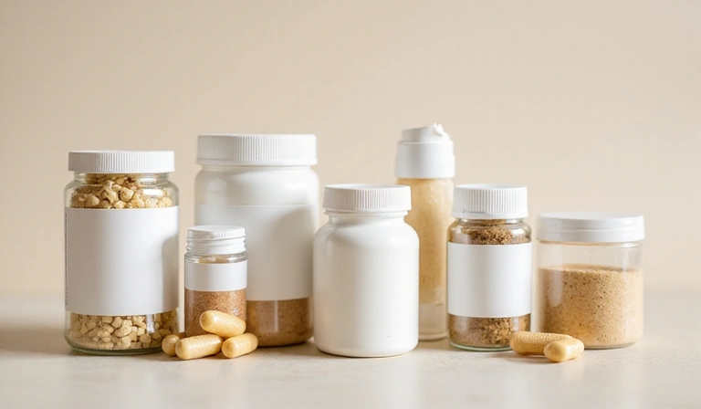 A clean, modern image of various natural supplement bottles arranged aesthetically on a light background, conveying purity and natural ingredients. No text on the bottles or image.